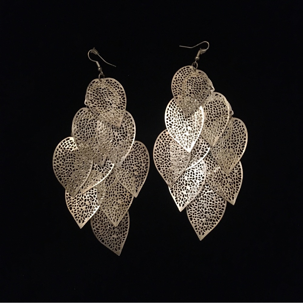 Vintage Silver Tone Layered Leaf Dangle Earrings